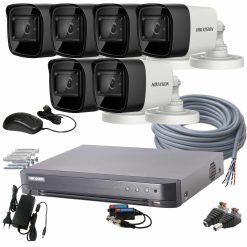 6 kamerás HIKVISION kamerarendszer 5MP, 3K lite, kültéri, nagylátószögű, 2,8mm objektív, 30m IR, éjjel színes kép, 16K0T-7208HQHI