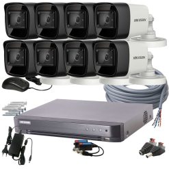8 kamerás HIKVISION kamerarendszer 5MP, 3K lite, kültéri, nagylátószögű, 2,8mm objektív, 30m IR, éjjel színes kép, 16K0T-7208HQHI
