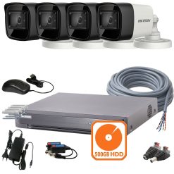 4 kamerás HIKVISION kamerarendszer 5MP, 3K lite, kültéri, nagylátószögű, 2,8mm objektív, 30m IR, éjjel színes kép, 500GB HDD, 16K0T-7204HQHI