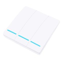 Modern, minimalista fehér kapcsolópanel négy kék jelzővonalú gombbal.