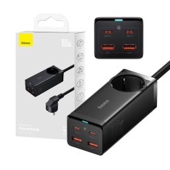 Baseus GaN3 Pro töltő / elosztó, 2xUSB + 2xUSB-C + AC, 100W, fekete