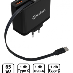 65W hálózati töltő beépített kábellel, Fekete 1