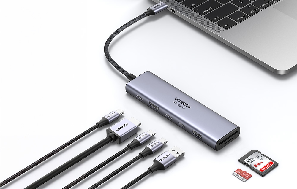 Adapter / hub USB-C 6w1 Ugreen CM512, HDMI 4K@60Hz, 2x USB, RJ45, PD 100W 6