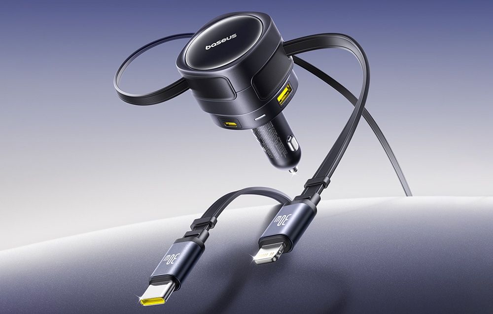Baseus Enjoyment Max autós töltő USB-C + Lightning kábellel, USB-A + USB-C portokkal, 90W, fekete 2