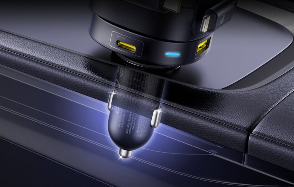 Baseus Enjoyment Max autós töltő USB-C + Lightning kábellel, USB-A + USB-C portokkal, 90W, fekete 5