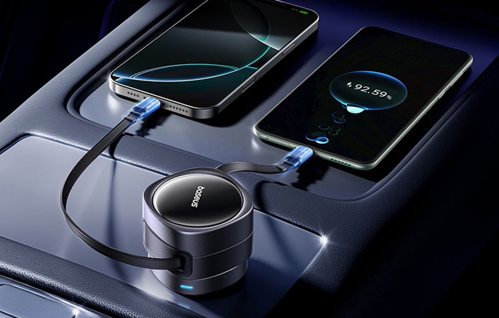 Baseus Enjoyment Max autós töltő, USB-C+USB-C kábelekkel, 60W, fekete 5