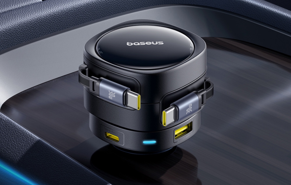 Baseus Enjoyment Max autós töltő, USB-C+USB-C kábelekkel, USB-A+USB-C portokkal, 90W, fekete 2