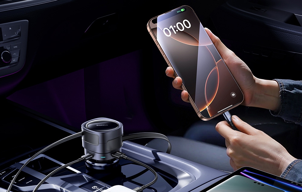 Baseus Enjoyment Max autós töltő, USB-C+USB-C kábelekkel, USB-A+USB-C portokkal, 90W, fekete 4