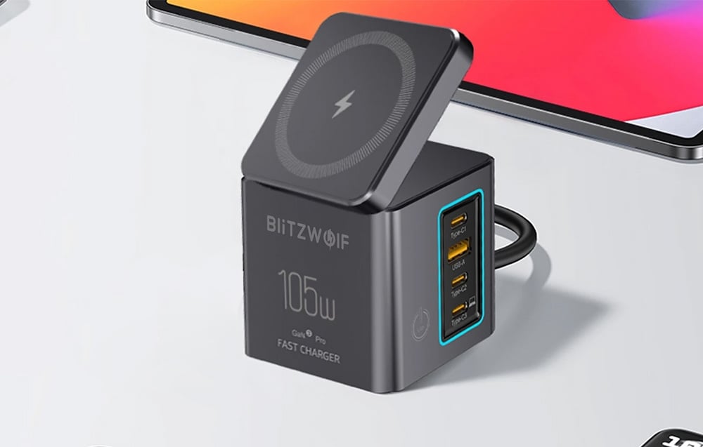 Blitzwolf BW-i113 GaN, USB-A, 3xUSB-C, 105W-os hálózati töltő 1