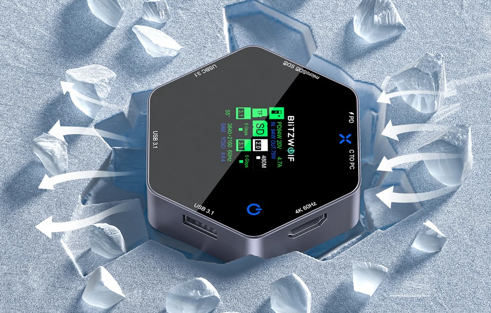 BlitzWolf BW-TH16 8 az 1-ben USB HUB és dokkoló intelligens kijelzővel, 100W, LCD 2
