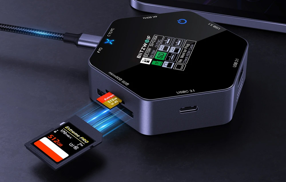 BlitzWolf BW-TH16 8 az 1-ben USB HUB és dokkoló intelligens kijelzővel, 100W, LCD 4