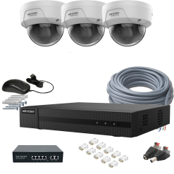 3 kamerás HIKVISION IP kamerarendszer 4MP, kültéri, nagylátószögű PoE dómkamera, 2,8mm objektív, 30m IR, HiWatch D140-HWN