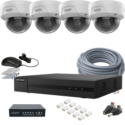 4 kamerás HIKVISION IP kamerarendszer 4MP, kültéri, nagylátószögű PoE dómkamera, 2,8mm objektív, 30m IR, HiWatch D140-HWN