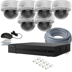 6 kamerás HIKVISION IP kamerarendszer 4MP, kültéri, nagylátószögű PoE dómkamera, 2,8mm objektív, 30m IR, HiWatch D140-HWN5208