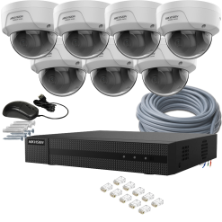 7 kamerás HIKVISION IP kamerarendszer 4MP, kültéri, nagylátószögű PoE dómkamera, 2,8mm objektív, 30m IR, HiWatch D140-HWN5208