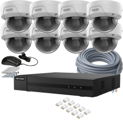 8 kamerás HIKVISION IP kamerarendszer 4MP, kültéri, nagylátószögű PoE dómkamera, 2,8mm objektív, 30m IR, HiWatch D140-HWN5208